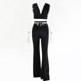 Slim Backless Two Piece Set Women Solid Sleeveless Top Long Pants Ladies Winter Slim Hollow Out Women Streetwear