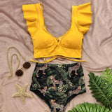 Ruffled Hem Bikini Set Women Flora V-Neck High-Waisted Two Piece Swimsuit 2021 Girl Beach Bathing Suit Swimwear