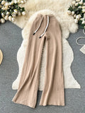 Senior Casual Knit Pants High Waist Drawstring Soft Streetwear Autumn Women Solid Fashion Wide Legs Straight