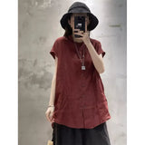 Linen Short-Sleeved Shirt Women's Summer Loose Thin Leisure Medium Long Thin Cotton Cardigan