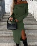 Zingj Hot Style Autumn And Winter New Long Sleeve Solid Color One Word Collar Slit Dress