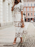 Pattern Printed Bohe Long Dress Elegant Lace-up O Neck Maxi Dresses Elegant Women Short Sleeve Summer Buttoned