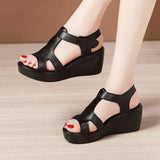 Leather Slope Heel Sandals Women 2023 Summer New Muffin Thick Soles Waterproof Platform With Large Heels Mother Sandals