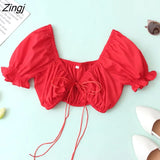 Women Summer 2022 Lace Up Bow tie Sexy Short Blouse Y2K Ladies Puff Sleeve Solid Corset Shirts Femme Crop Tops