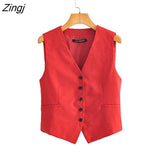 Women Vintage Single Breasted Linen Short Vest Jacket Ladies Sleeveless Slim WaistCoat Tops