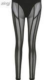 Sexy See Through Mesh Leggings Women Trend Striped Patchwork Briefs Waistband Fitness Pencil Trousers Female
