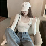 Sweaters Women's Long Sleeve Short White Color Inner Wear Slim Round Neck Tight Black Sexy Navel Early Spring