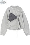 Long Sleeve Hoodless Hoodies Women 2023 Autumn Patchwork Fake Two-Piece Sling Design Oversize Sweatshirt Pullover