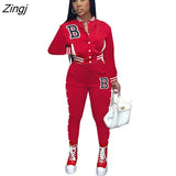 2 Piece Sets Autumn Winter Casual Letter Print Long Sleeve Top&Pencil Pants Suits For Women Clothing