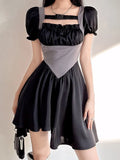 Bandage y2k Pleated Dress Retro Corset Patched A-Line Sundress Women Zipper Short Sleeve Korean Elegant Dress
