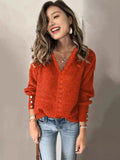 2025 New Lace V-Necked Jacket Sweater Lady Loose Long-Sleeved Solid-Colored
