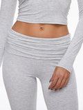 Long Sleeve Cropped Top Fold-over Flare Pants Set-Outfit