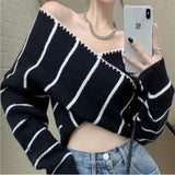 Zingj Girl Cross One Word Shoulder Striped Top Spring New Chic Retro Sexy Off The Shoulder Long Sleeves Show Skinny Knit-Outfit