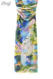 Off Shoulder Corset Dress Woman Print Tulle Long Dresses For Women 2023 Ruched Midi Summer Dresses Sexy Mesh Bodycon