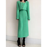 Autumn Winter Korean Women Skirt Two-piece Tweed Blazer + Long Skirt Set Elegant Two-piece Set Mid Length Skirt Suits