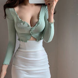 Sweet Square Collar Low Chest Ruffles Short Bottom Solid Color Shirt Blouse Spring 2021 Women Tops