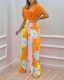 Two Piece Set Women Fashion V-neck Bat Sleeve Top Printed Wide-leg Pants Suit Casual Two Piece Set