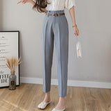 2021 Black Suit Pants Women High Waist Pants Sashes Pockets Office Lady Casual Zipper Straight Ankle-length