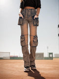 Zingj Feng Shui Wash Multi-Pocket Cargo Pants 2024 Spring New Fashion Design Sense Slim And Versatile Jeans