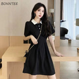 Women Black A-line Mini Trendy Retro Simple Buttons Sweet College Female Turn-down Collar Preppy Style Leisure Abdomen