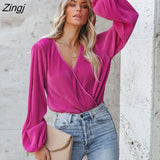 PETAL Surplice Neck Peasant Long Sleeve Top For Woman Fuchsia Casual Pullovers 2023 Spring Autumn Tee Shirts