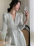 New Women Elegant Midi Satin Dress Long Sleeve Party Vestidos One Piece Drawstring Slim Spring