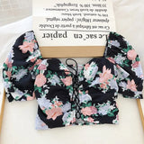Fashion Women Floral Print Drawstring Blouses Shirt Women Short Sleeve French Vintage Bandage Lace Tops Female