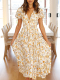 Queens Women Fashion Floral Print Deep V-neck Bohemian Dress Short Sleeve Pleated Beach Summer Boho Maxi