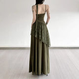 Lace Splicing Perspective To Close Waist-Skinny Sling Dress Long With Round Neck