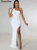 Sexy White Rhinestone Mesh Patchwork Maxi Dress Women Sleeveless One Shoulder High Split Skinny Clubwear Long