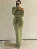 Draped Off-Shoulder Long Sleeve Top And Maxi Skirt Set- Outfit