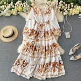 2021 New Autumn Vintage Print Dress Women Elegant V Neck Single Breasted Sashes Tie Up A Line High Waist Slim