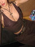 Lace Splice V Neck Lace Up Tank Top-Outfit
