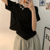 Women Summer Solid Pleated Design Tops O-neck Short Sleeve Loose All-match Korean Style Breathable Streetwear