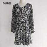 2021 Mini Dress Sexy V Neck Long Sleeve Vintage Floral Print Sundress Women Sweet Crushed Floral