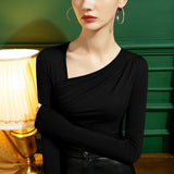 Collar Folds T-shirts Girls Long Sleeve High Stretch Modal Slim Tshirts Tops For Woman 2023