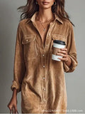 Women's Elegant Workwear Style Pocket Button Velvet Shirt Dress