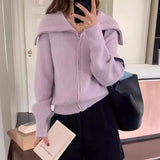 Zingj Lazy Wind Big Lapel Cardigan Zipper Jacket Women's Autumn And Winter New Wide Soft Waxy Sweater Top-Outfit