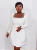 Square Collar Diamond Long Sleeves White Mini Dress-Outfit