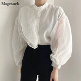 Puff Sleeve White Shirts Blouse Women New Spring Single-breasted Shirt Tops See Through Sexy Loose Blouse Female