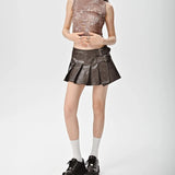 Women's Leather Skirt Fashion 2024 New Y2k Korean Low Rise Mini Skirt Knee Length Female Sexy Pleated Skirts Dark Brown