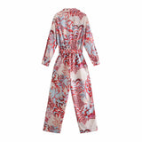 Fashion Totem Print Bow Sashes Casual Jumpsuits Chic Long Sleeve Ankle Length Conjion Romoers Loose Wide Leg For