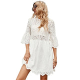 Elegant Embroidered Lace Dress White Female Splicing Dress Floral Hollow Out Loose Casual Party
