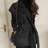 New Autumn Winter Women's Jackets Sleeveless Waistcoat Lace Up Streetwear Woolen Oversized Vests Tops