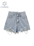 Waist Women's Jeans Shorts Casual Harajuku 2022 Summer Female Vintage Streetwear E-girl Wide-leg Ripped A-line Denim