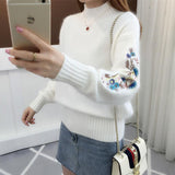 Zingj Neck Jumper Embroidered Sweater Women's 2023 Autumn New Korean Version Of Sleeves Embroidered With Long Sleeves With Loose