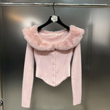2022 Winter New Arrival Rabbit Fur Collar Single Breasted Buttons Pink Slim Sweater Women Knitted Cardigans