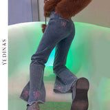 Butterfly Embroidery Flare Denim Pants Women High Waist Vintage Jeans Korean Fashion Clothes Female Bell Bottom