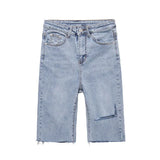 Casual Stretch High Waist Blue Destroy Ripped Denim Shorts Women Pockets Tassel Midi Shorts Jeans for Women 2020