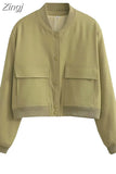Single Breated Bomber Jacket Coat Women Elegant Long Sleeve Large Pocket Short Coat Spring Ladies Fashion Coats